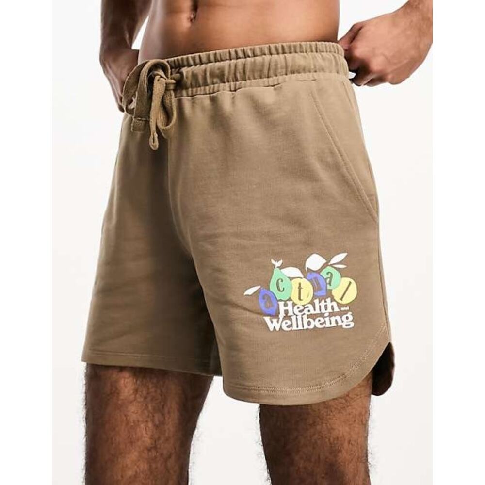 Asos Actual Co-Ord Relaxed Runner Shorts Fruit Health & Wellbeing Logo Brown S